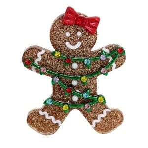 Betsey Johnson Gingerbread Man Brooch with Red Bow NEW WITH BOX